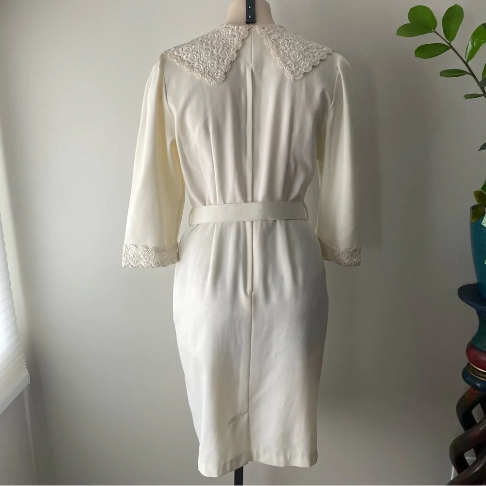 80s Vintage Missy First Montreal Lace Collar Modi Dress Button Down Cream Medium - Picture 7 of 13